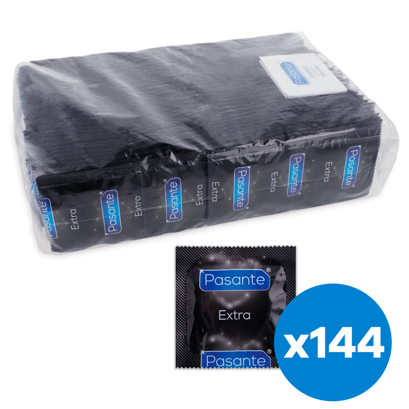 Preservativi Pasante Extra in confezione da 144 pezzi, confezione con profilattici per protezione e sicurezza.