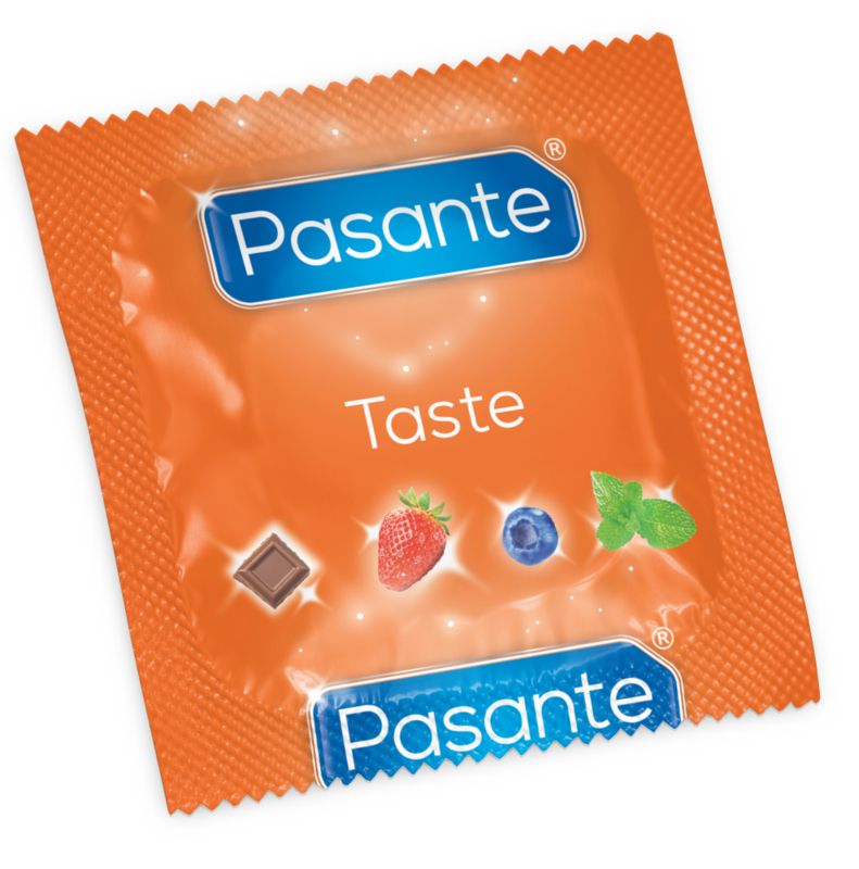 Preservativi Pasante con gusti assortiti, confezione da 155 unità, confezione con diverse varianti di aromi.