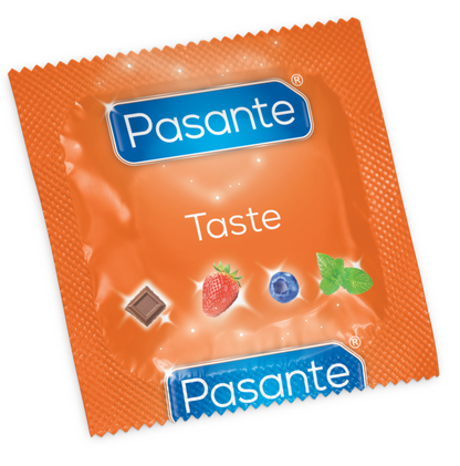 Preservativi Pasante con gusti assortiti, confezione da 155 unità, confezione con diverse varianti di aromi.