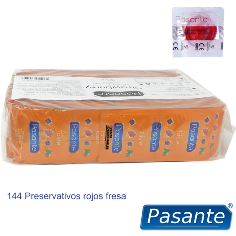 Preservativi Pasante gusto fragola in confezione da 144 unità, confezione con preservativi al gusto frutta.