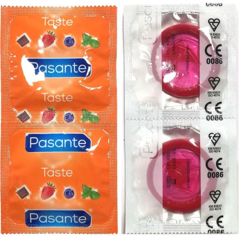 Preservativi Pasante gusto fragola, confezione da 144 pezzi, preservativi lubrificati e colorati con aroma alla fragola.