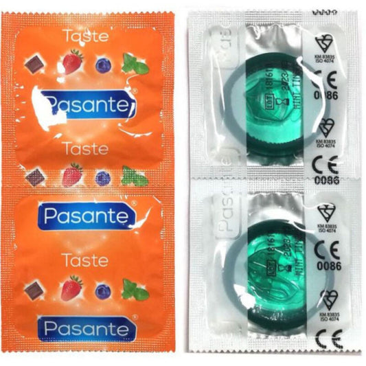 Preservativi Pasante gusto menta in confezione da 144 unità, con confezione morbida e design intuitivo.