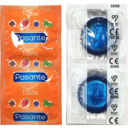 Preservativi Pasante gusto mirtillo, confezione da 144 unità, con preservativi femminili in scatola blu.