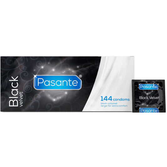 Preservativi Pasante in velluto nero, scatola da 144 unità, confezione con preservativi lisci e discreti.