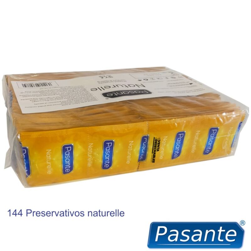 Preservativi naturali Pasante in confezione da 144 unità, confezione con borsa di preservativi in lattice naturale.