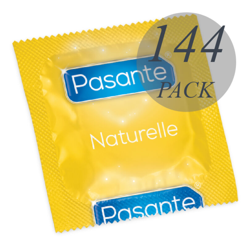 Preservativi naturali Pasante in confezione da 144 unità, confezione morbida e resistente, per protezione sicura e naturale.