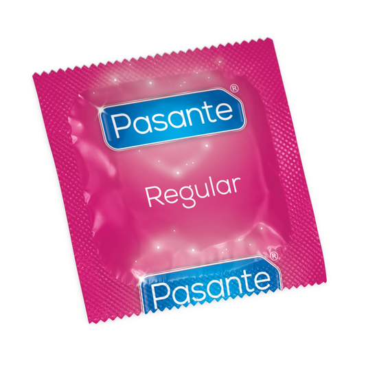 Preservativi Pasante regolari in confezione da 12, confezione con 12 preservativi di forma regolare e resistente.