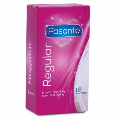 Preservativi Pasante regolari in confezione da 12, confezione con profilatura liscia e morbida, ideale per protezione e sicurezza.