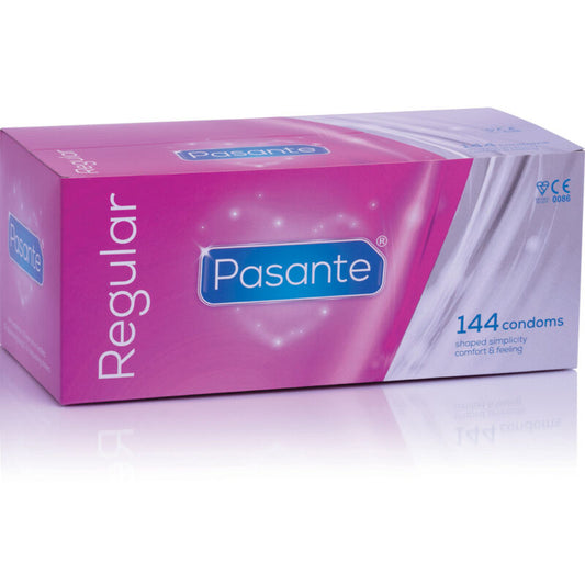 Preservativi Pasante regolari in confezione da 144 unità, confezione con logo e dettagli del prodotto.