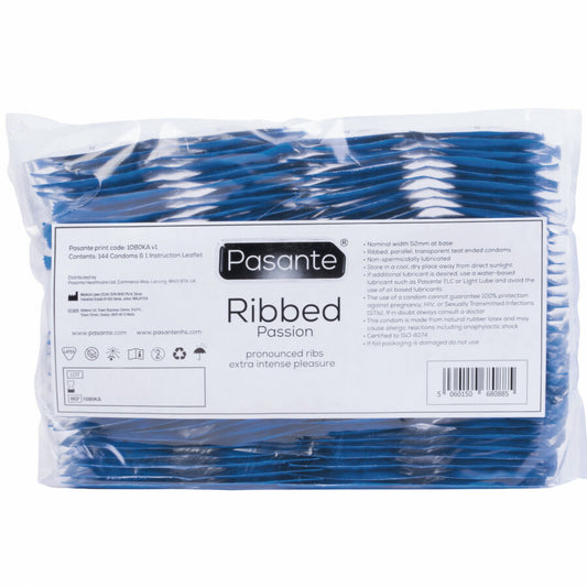 Preservativi Pasante Ribbed Passion in confezione da 144 unità, confezione con preservativi a rilievo e texture per maggiore sensation.