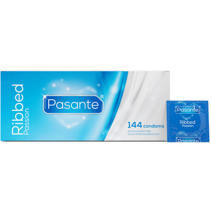 Preservativi Ribbed Passion Pasante in scatola da 144 pezzi, confezione con preservativi con texture rigata visibile.