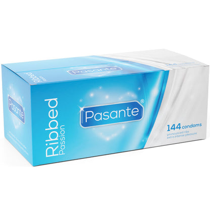 Preservativi Pasante Ribbed Passion in scatola da 144 unità, confezione con preservativi maschili a rilievo.