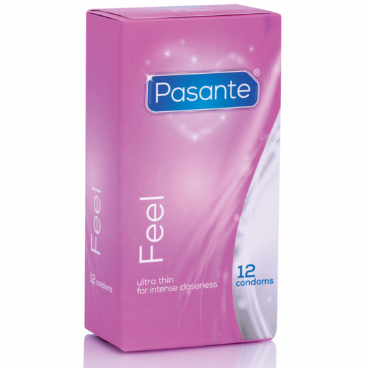 Preservativi sensibili ultra fini Pasante, confezione da 12 unità, con dettagli visibili sulla scatola e il logo Pasante