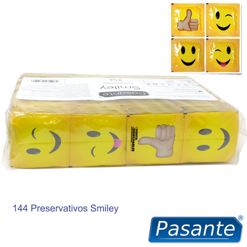 Preservativi Pasante Smiley Bag, confezione da 144 unità, con confezione colorata e disegni sorridenti, in primo piano.