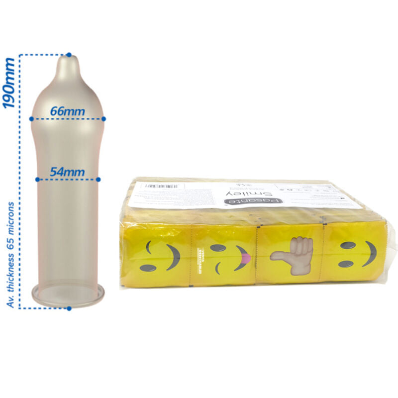 Preservativi Pasante Smiley Bag, confezione da 144 unità, con design divertente e sicuro per protezione e piacere.