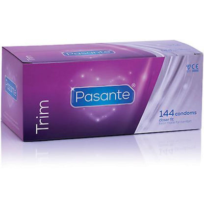 Preservativi Pasante Trim Closer Fit in scatola da 144 unità, morbidi e aderenti, confezione visibile.