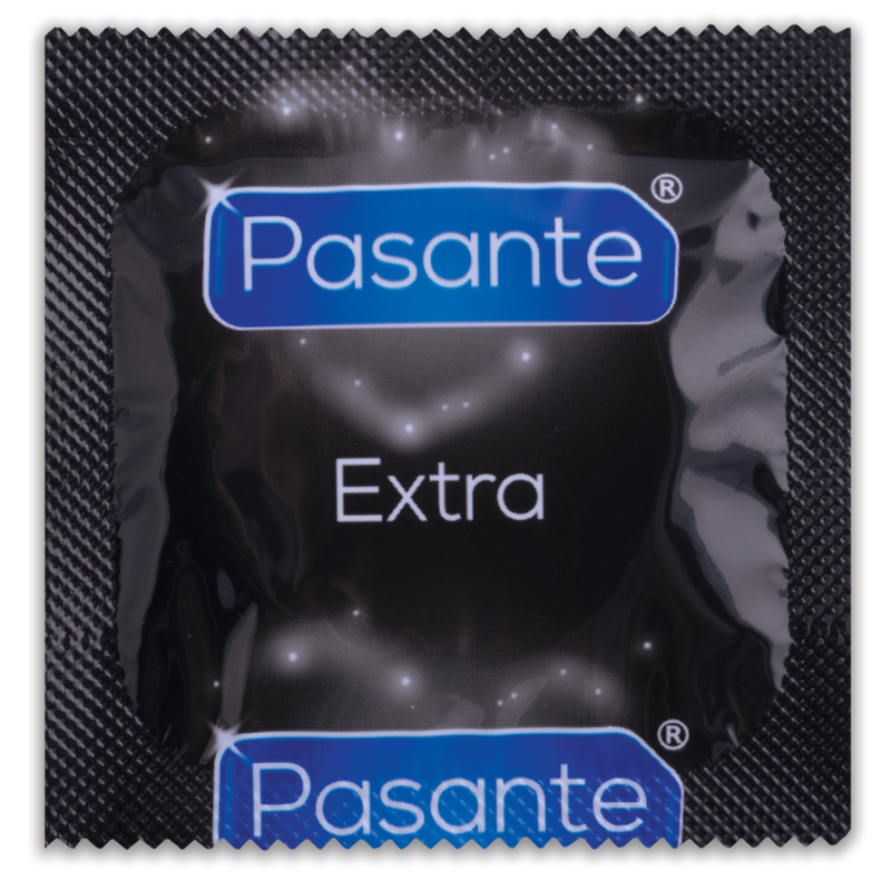 Preservativi Pasante Extra Extra Spesso, confezione da 12 unità, con confezione blister e dettagli del prodotto.