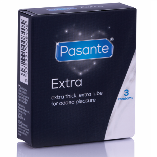 Preservativi Pasante Extra Extra Spesso, confezione da 3 unità, in confezione sigillata, dettagli visibili sulla scatola.