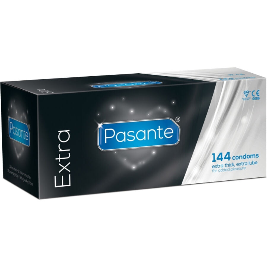 Preservativi extra spessi Pasante, confezione da 144 unità, per maggiore sicurezza e protezione.