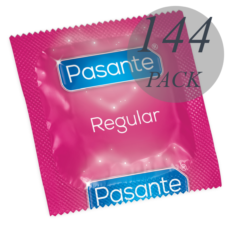 Preservativi Pasante Gamma Regolare, confezione da 144 unità, confezione sigillata con dettagli sul prodotto e marca.