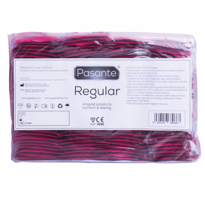 Preservativi Pasante Gamma Regolare, confezione da 144 unità, scatola con preservativi maschili in lattice.