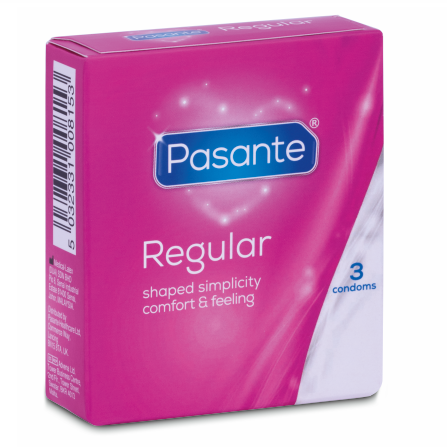 Preservativi Pasante Gamma Regolare, confezione da 3 unità, con confezione con logo e dettagli del prodotto.