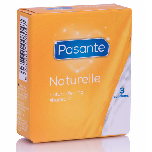 Preservativi naturali Pasante in confezione da 3, confezione con tre preservativi in lattice naturale per uso sicuro.