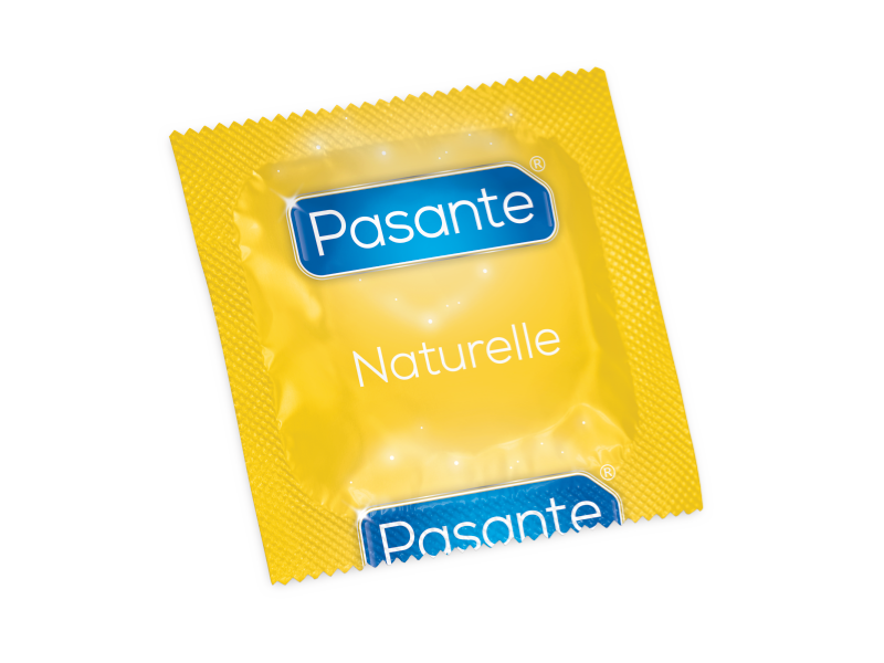 Preservativi naturali Pasante in confezione da 3, dettaglio della scatola con preservativi in lattice naturale.