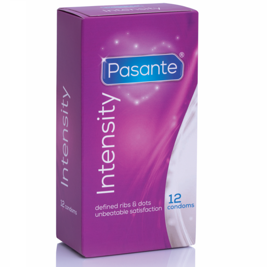 Confezione da 12 preservativi Pasante Punti e Strisce Intensità, dettagli con punti e strisce per maggiore sensibilità e piacere.