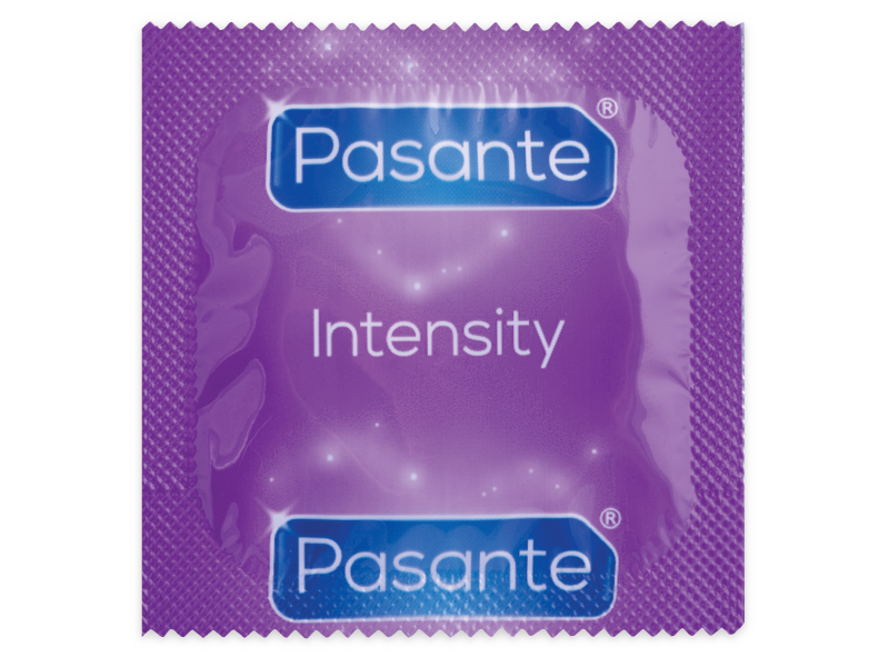 Confezione da 12 preservativi Pasante Punti e Strisce Intensità, dettagli con punti e strisce visibili sulla confezione.
