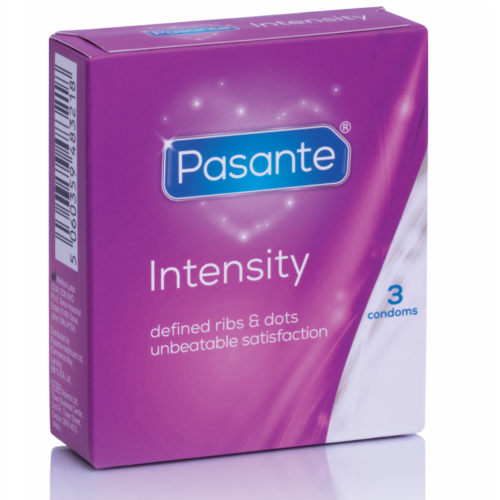 Pacchetto da 3 preservativi Pasante Punti e Strisce Intensità, confezione con dettagli visivi del packaging e design del prodotto