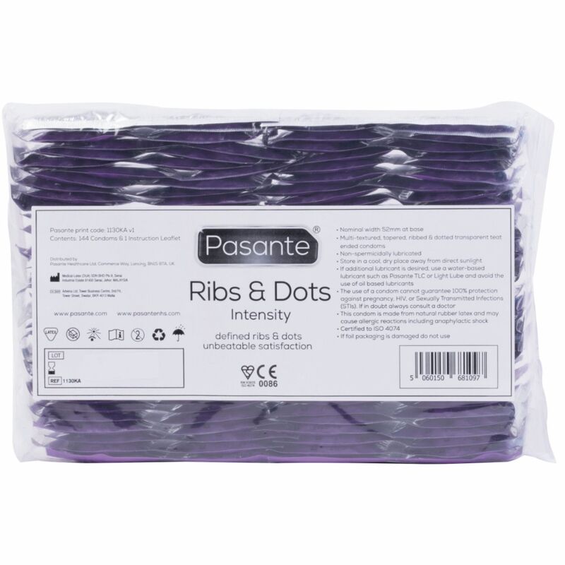 Preservativi Pasante Ribs & Dots Intensity, confezione da 144 unità, con superficie rigata e puntinata per una maggiore sensibilità