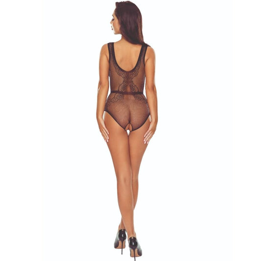 Bodystocking Passion BS115 a rete nera, intimo femminile della linea Passion Woman Bodystockings, dettaglio di rete e taglio aderente.