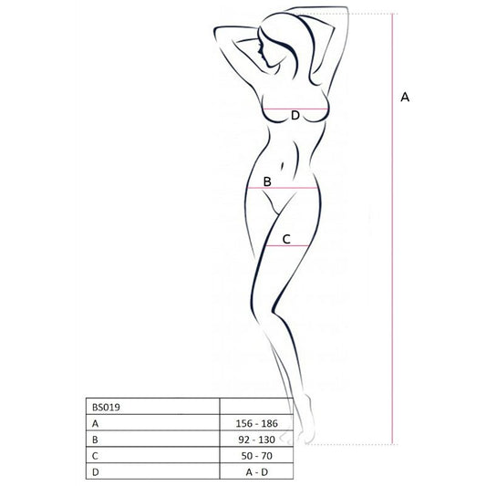 Bodystocking nero Passion Woman BS019, vestibilità unica, con dettagli eleganti, in tessuto elastico aderente, indossata su una modella.