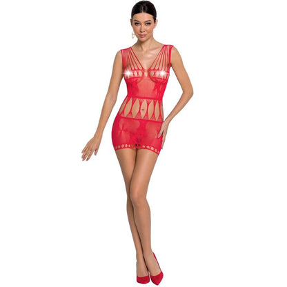 Body stocking rosso Passion Woman, modello BS090, taglia unica, con dettagli in pizzo e tessuto elasticizzato, indossato da una donna.