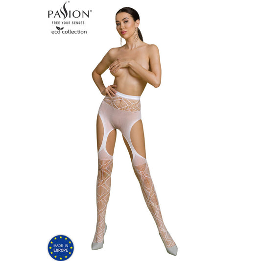 Bodystocking eco Passion Passion Woman Garter & Stock bianco, dettaglio tessuto e design elegante, parte della collezione Eco S005.