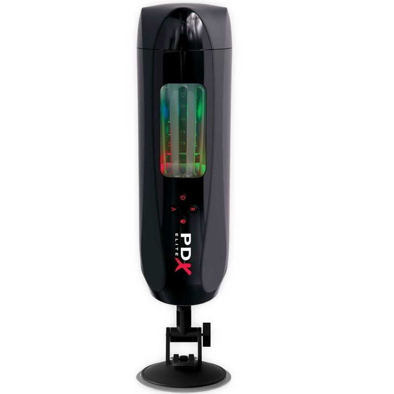 Stimolatore PDX ELITE Stroker Ultimate Milker con due motori rotanti e vibratore, design elegante e dettagli realistici.