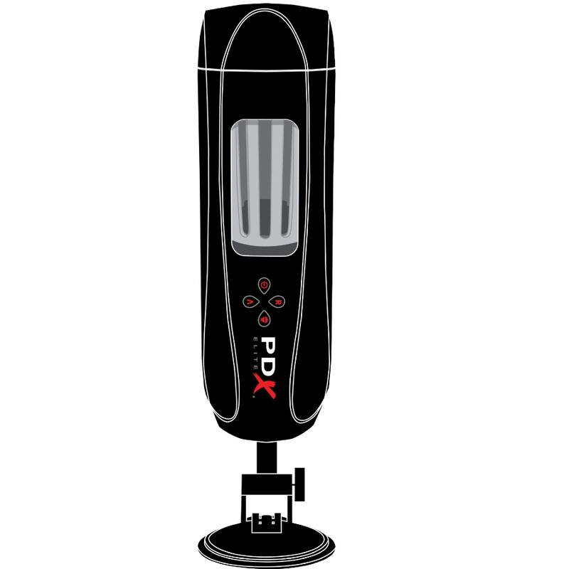 Stimolatore PDX ELITE STROKER ULTIMATE MILKER con due motori rotanti e vibratore, in dettaglio, colore nero e design ergonomico.