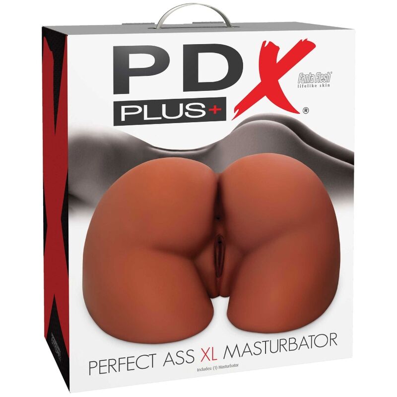 Masturbatore PDX PLUS marrone con doppia entrata, design ass XL, texture dettagliata, ideale per piacere e stimolazione.