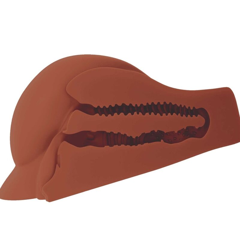Masturbatore marrone PDX PLUS+ con doppia entrata, design asimmetrico e dimensioni extra large, visibile in primo piano.