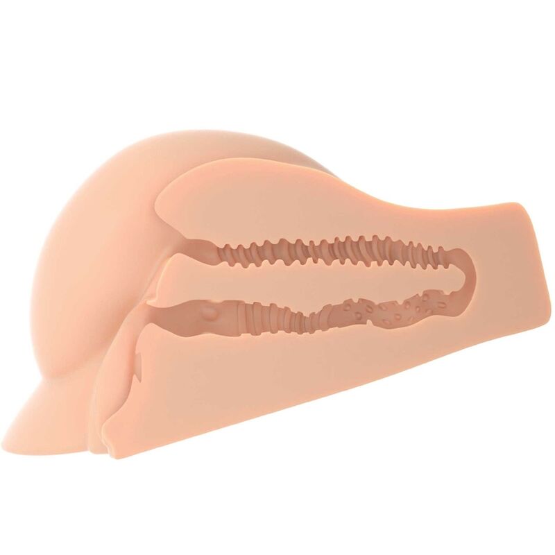 Masturbatore PDX PLUS con doppia entrata e 10 zone di stimolazione, design realistico e dettagliato per piacere intenso.
