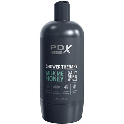 Masturbatore Stroker PDX PLUS Milk Me Honey in design discreto, simile a un flacone di shampoo, con dettagli realistici.