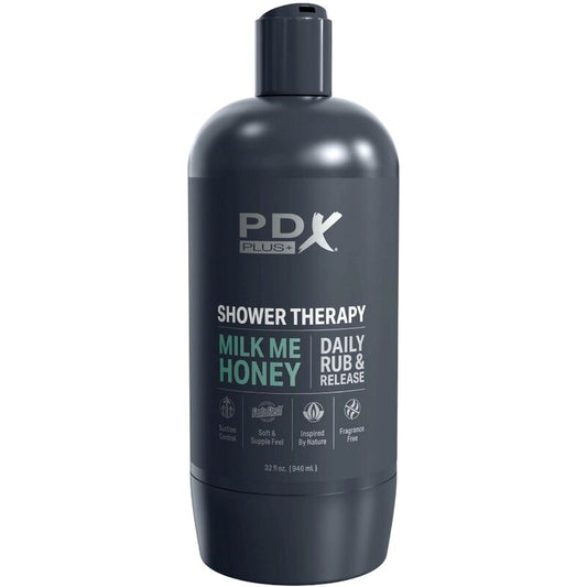 Masturbatore Stroker PDX PLUS Milk Me Honey in design discreto, simile a un flacone di shampoo, con dettagli realistici.
