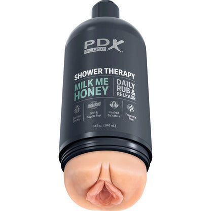 Masturbatore stroker PDX PLUS+ Milk Me Honey in un flacone di shampoo dal design discreto e moderno.