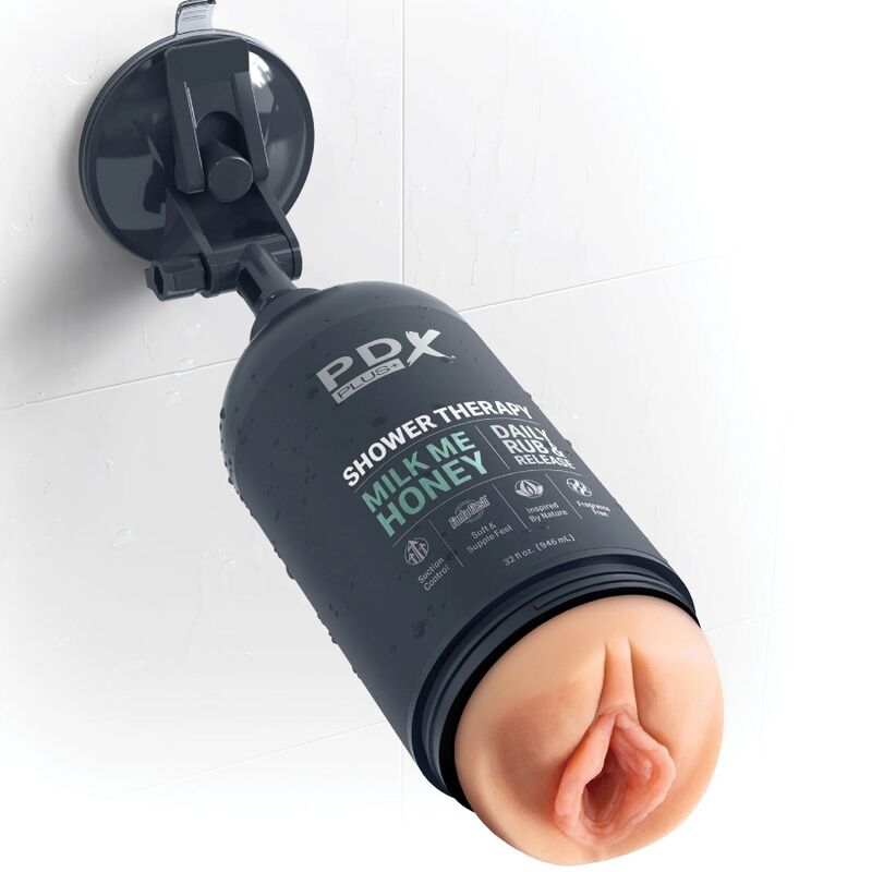 Masturbatore stroker PDX PLUS+ Milk Me Honey con design discreto, forma di flacone di shampoo, realistico e compatto.