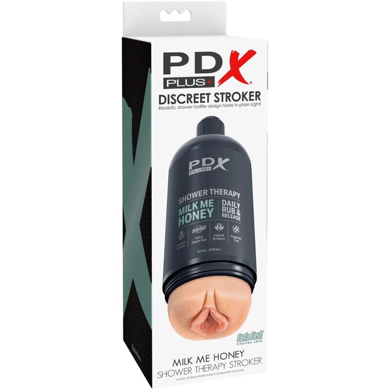 Masturbatore stroker PDX PLUS Milk Me Honey, design discreto e compatto, simile a un flacone di shampoo, con dettagli realistici.