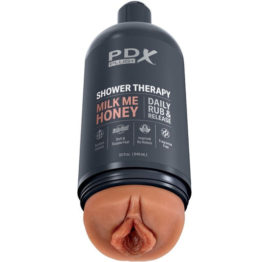 Masturbatore stroker PDX PLUS+ con design discreto a forma di bottiglia Milk Me Honey Candy Shampoo, in dettaglio.