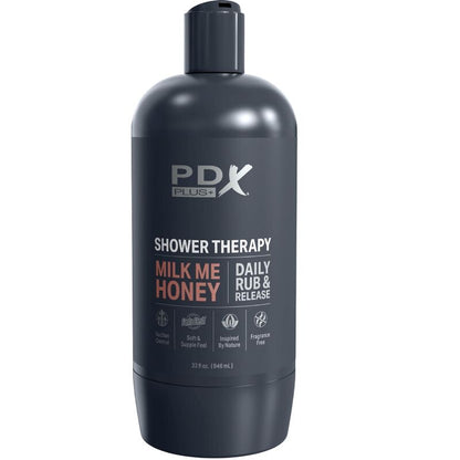 Masturbatore stroker PDX PLUS+ con design discreto a forma di bottiglia Milk Me Honey Candy Shampoo, in dettaglio.