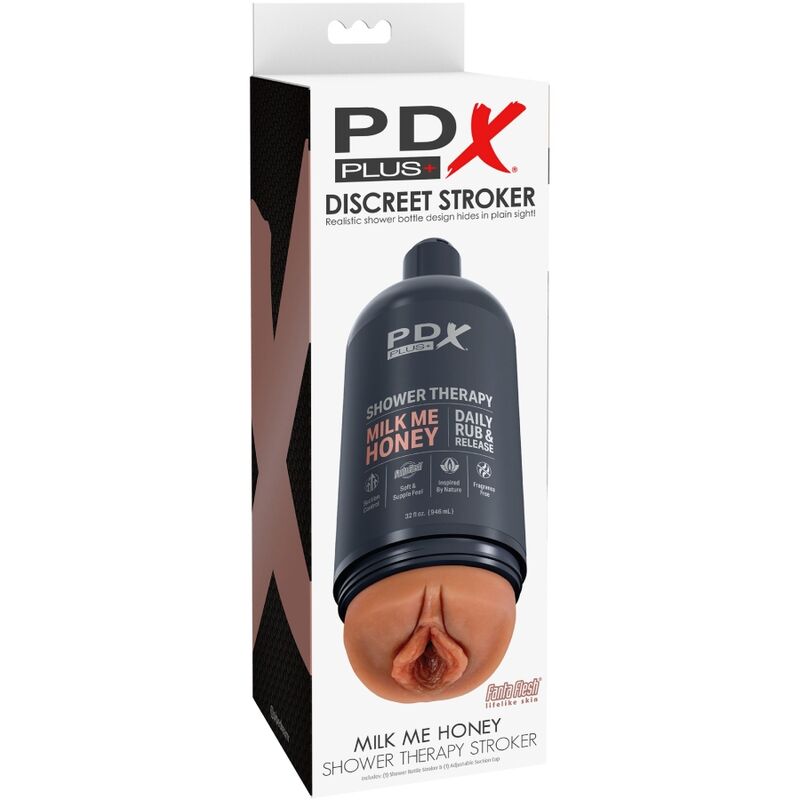 Masturbatore stroker PDX PLUS+ con design discreto a forma di bottiglia Milk Me Honey Candy, materiale morbido e realistico.