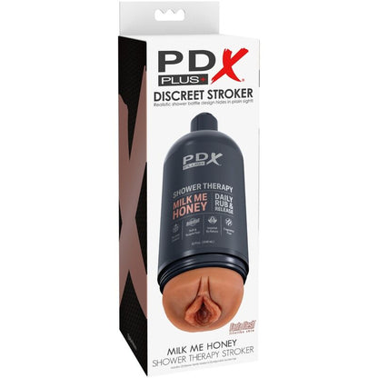 Masturbatore stroker PDX PLUS+ con design discreto a forma di bottiglia Milk Me Honey Candy, materiale morbido e realistico.